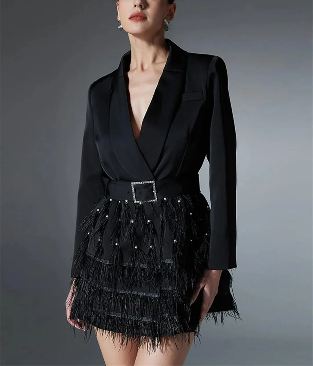 Women Solid Spliced Feathers High Waist Long Sleeve Spliced Belt Slimming Blazers