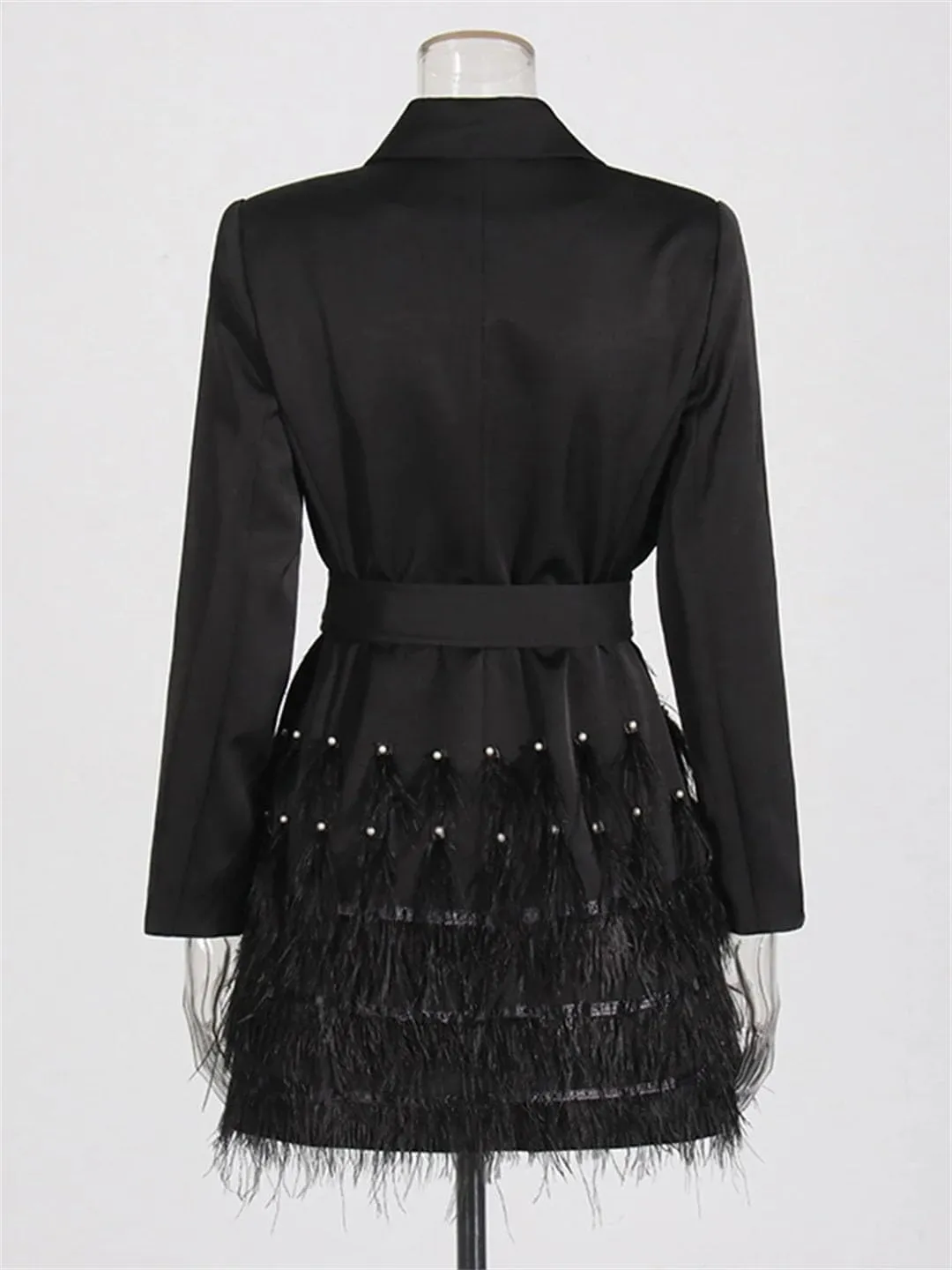 Women Solid Spliced Feathers High Waist Long Sleeve Spliced Belt Slimming Blazers