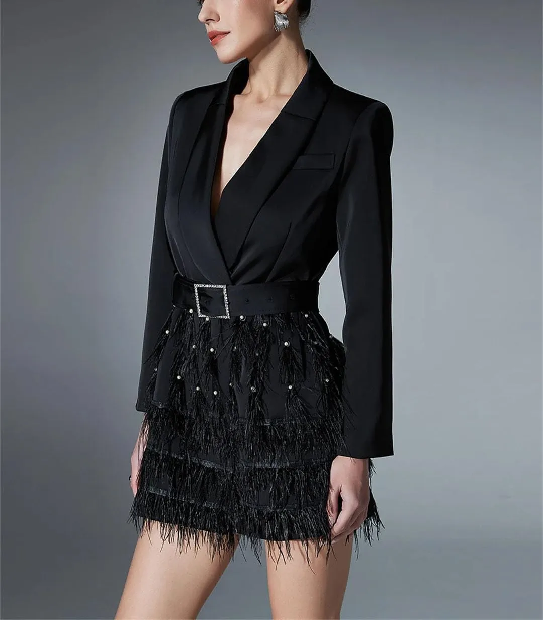 Women Solid Spliced Feathers High Waist Long Sleeve Spliced Belt Slimming Blazers