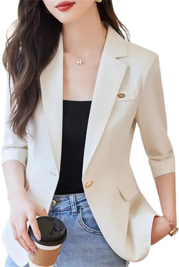 Women Spring Summer Beige Office Blazers Single Button Elegant Colthing Half Sleeve Black Suits Coat
