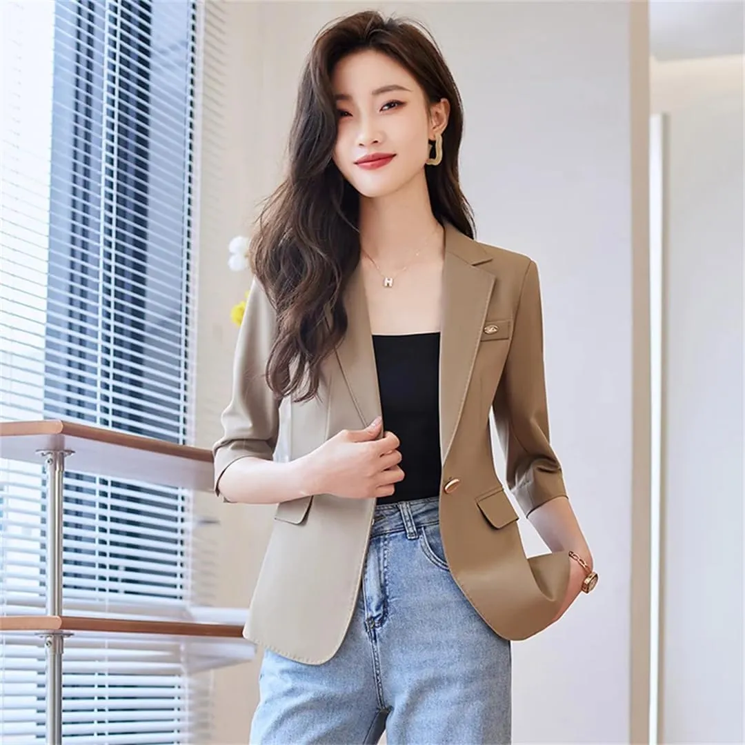 Women Spring Summer Beige Office Blazers Single Button Elegant Colthing Half Sleeve Black Suits Coat