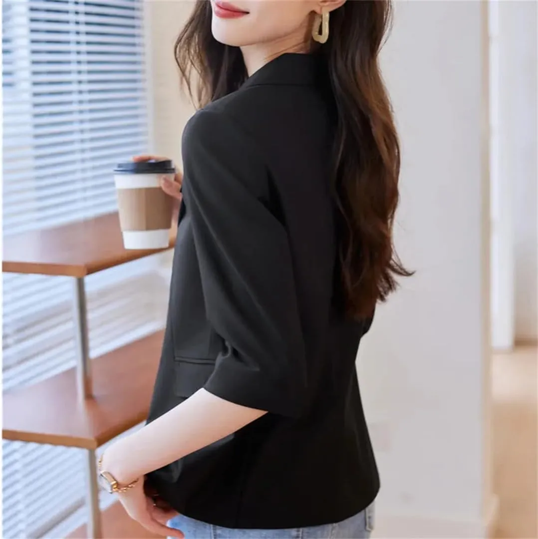 Women Spring Summer Beige Office Blazers Single Button Elegant Colthing Half Sleeve Black Suits Coat