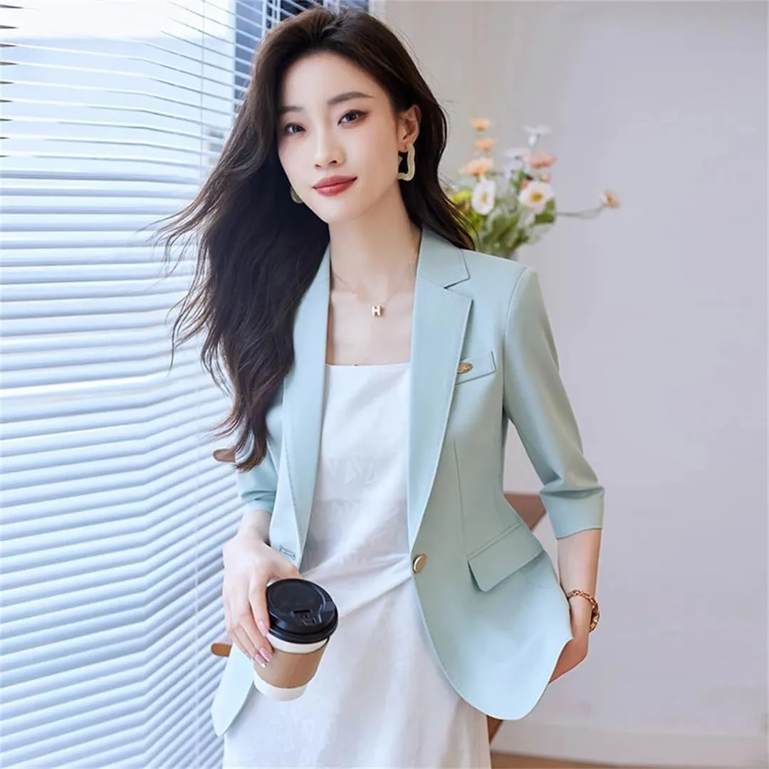 Women Spring Summer Beige Office Blazers Single Button Elegant Colthing Half Sleeve Black Suits Coat