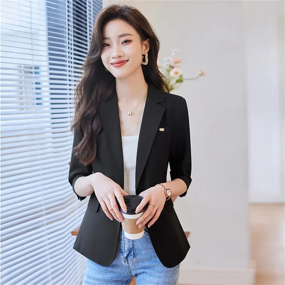 Women Spring Summer Beige Office Blazers Single Button Elegant Colthing Half Sleeve Black Suits Coat