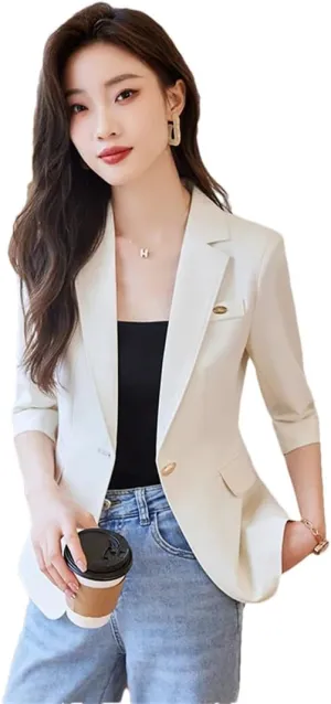 Women Spring Summer Beige Office Blazers Single Button Elegant Colthing Half Sleeve Black Suits Coat