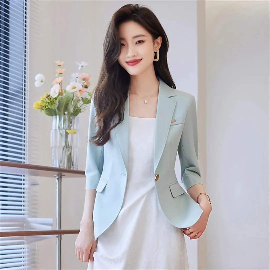 Women Spring Summer Beige Office Blazers Single Button Elegant Colthing Half Sleeve Black Suits Coat