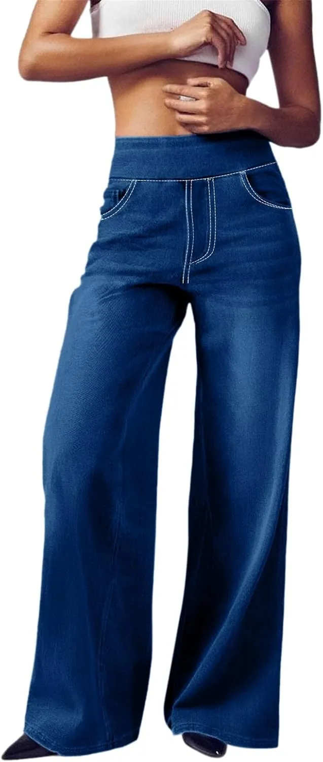 Women Sweatpant Jeans,Sweatpants That Look Like Jeans,High Waisted Stretchy Pull On Wide Leg Denim Pants with Pockets