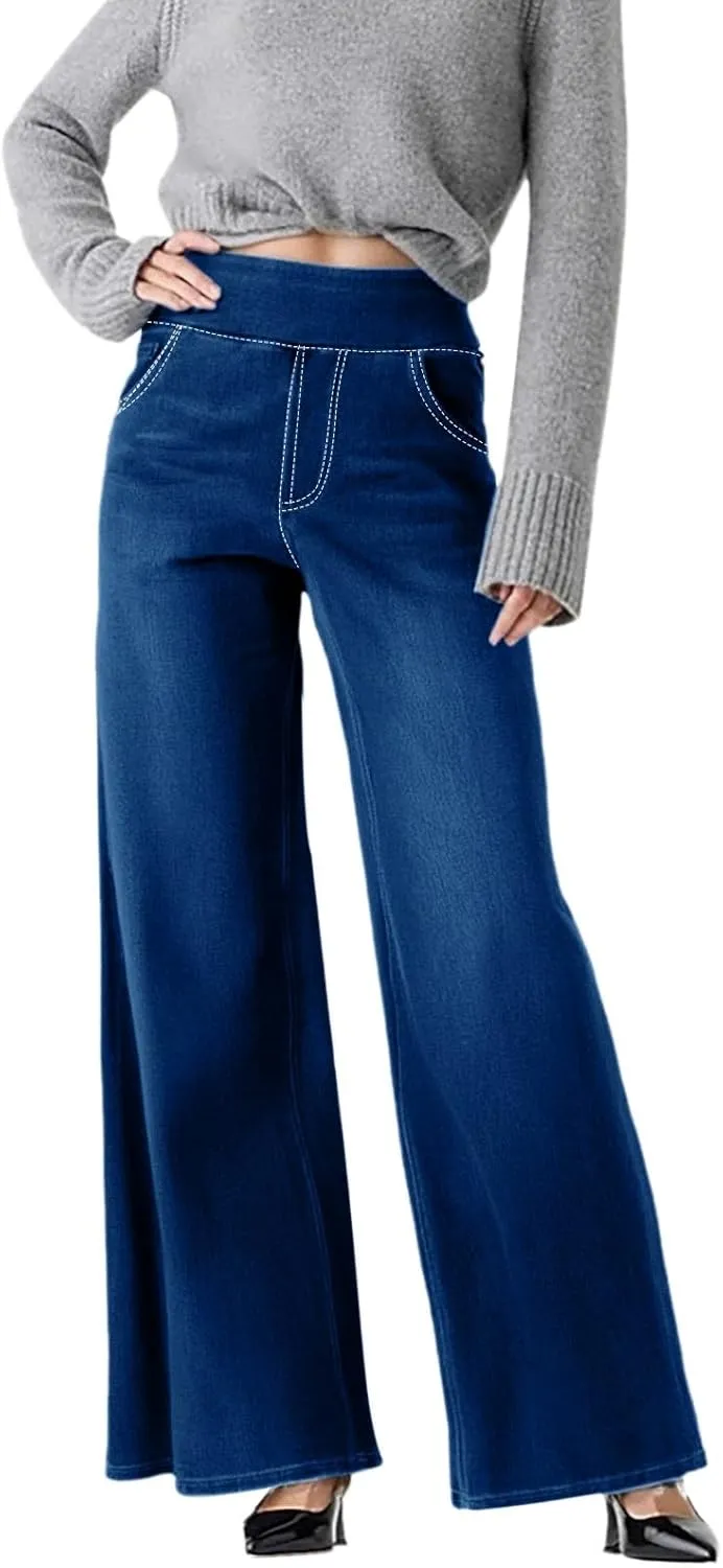 Women Sweatpant Jeans,Sweatpants That Look Like Jeans,High Waisted Stretchy Pull On Wide Leg Denim Pants with Pockets