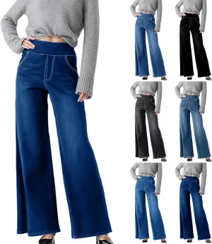 Women Sweatpant Jeans,Sweatpants That Look Like Jeans,High Waisted Stretchy Pull On Wide Leg Denim Pants with Pockets