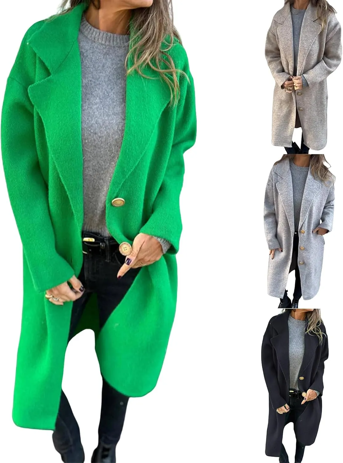 Women Winter Trench Coat Oversized Wool Blend Overcoat Notch Lapel Button Down Jacket Coats Casual Loose Fit Outwear