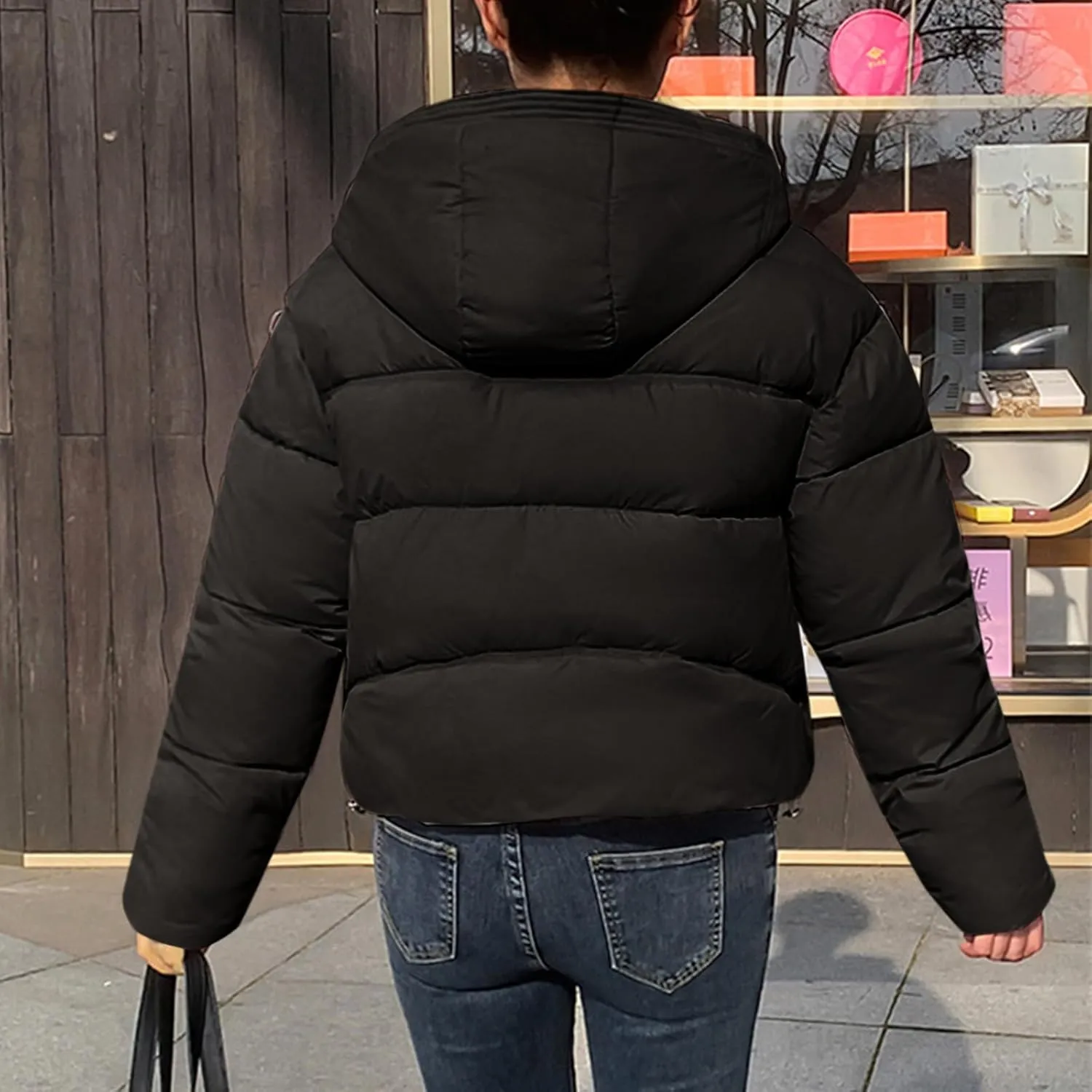 Women Winter Warm Coat Thicken Casual Solid Cropped Puffer Jacket Insulated Zip Up Hooded Overcoat with Pocket