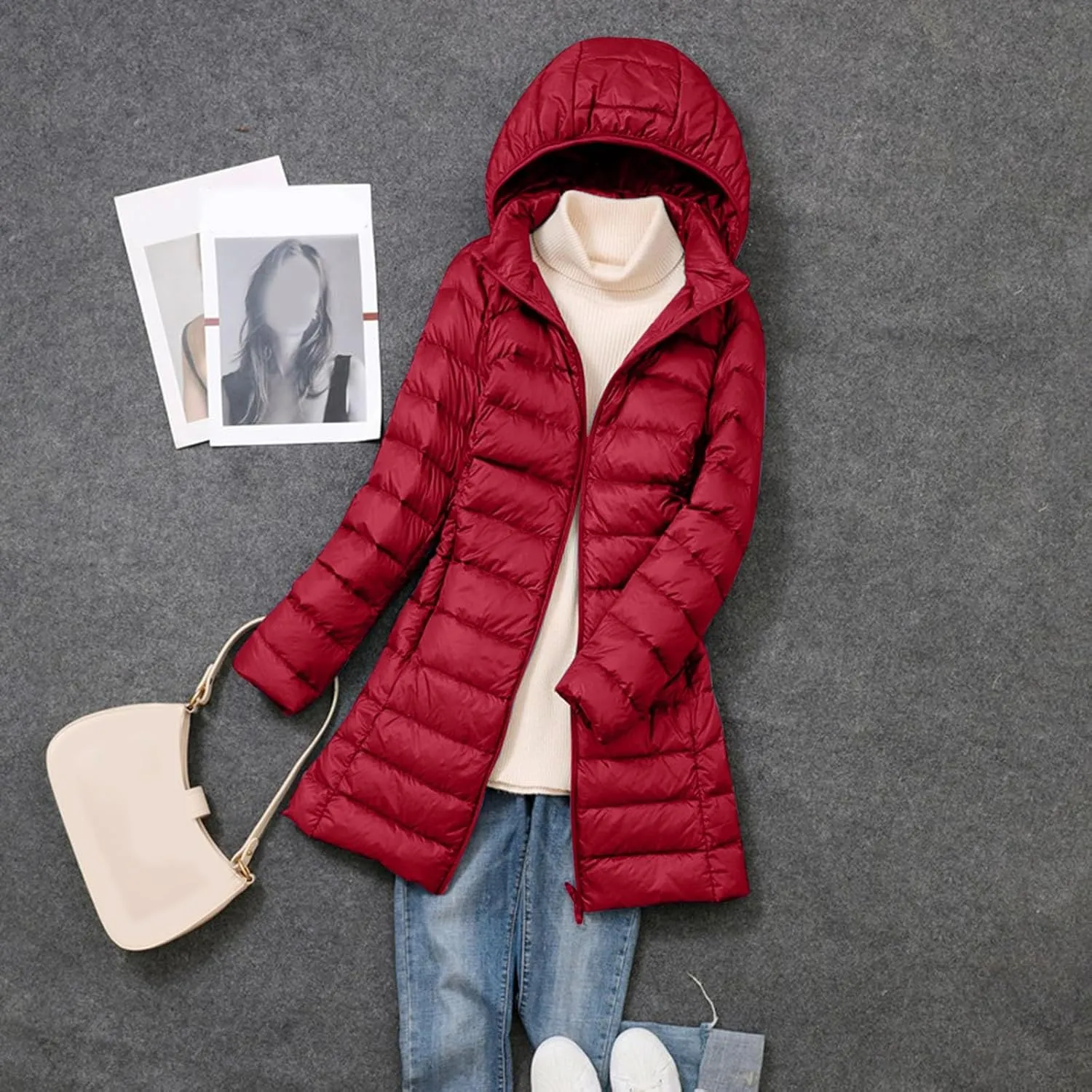 Womens 2024 Classic Plus Size Waterproof Puffer Coat Long Sleeve Hoodless Zipper Outwear Comfort Warm Soft Down Coat