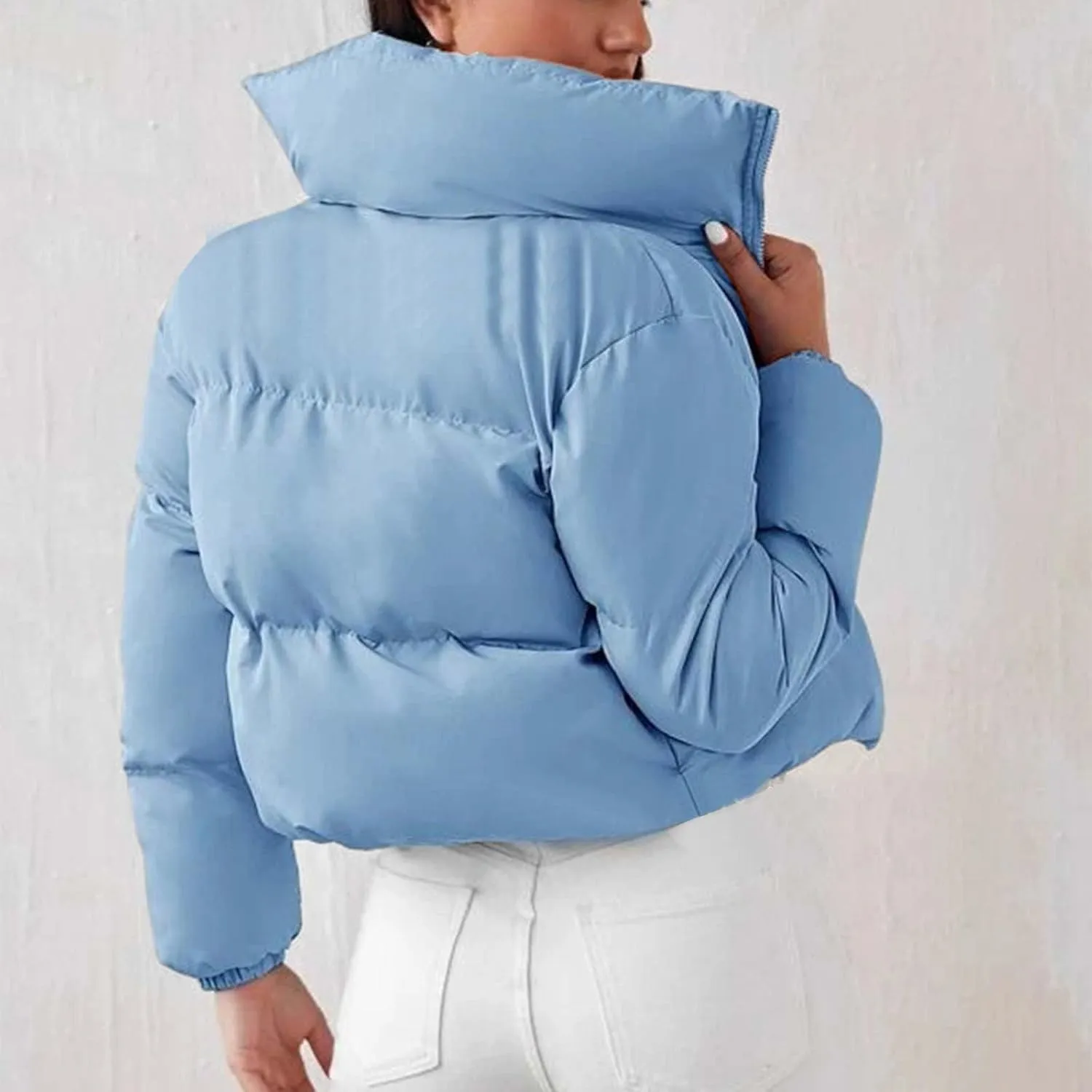 Women's 2024 Winter Long Sleeve Zip Cropped Puffer Jacket Parkas Pockets Baggy Short Down Coats Warm Quilted Jacket