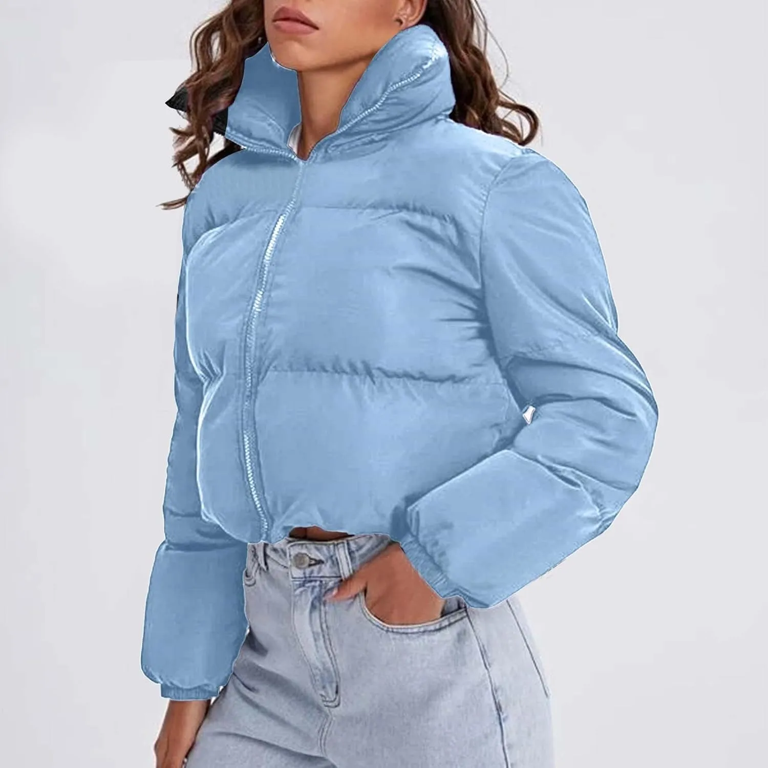 Women's 2024 Winter Long Sleeve Zip Cropped Puffer Jacket Parkas Pockets Baggy Short Down Coats Warm Quilted Jacket