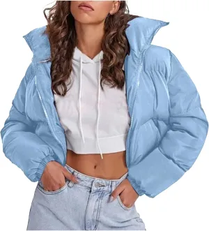 Women's 2024 Winter Long Sleeve Zip Cropped Puffer Jacket Parkas Pockets Baggy Short Down Coats Warm Quilted Jacket