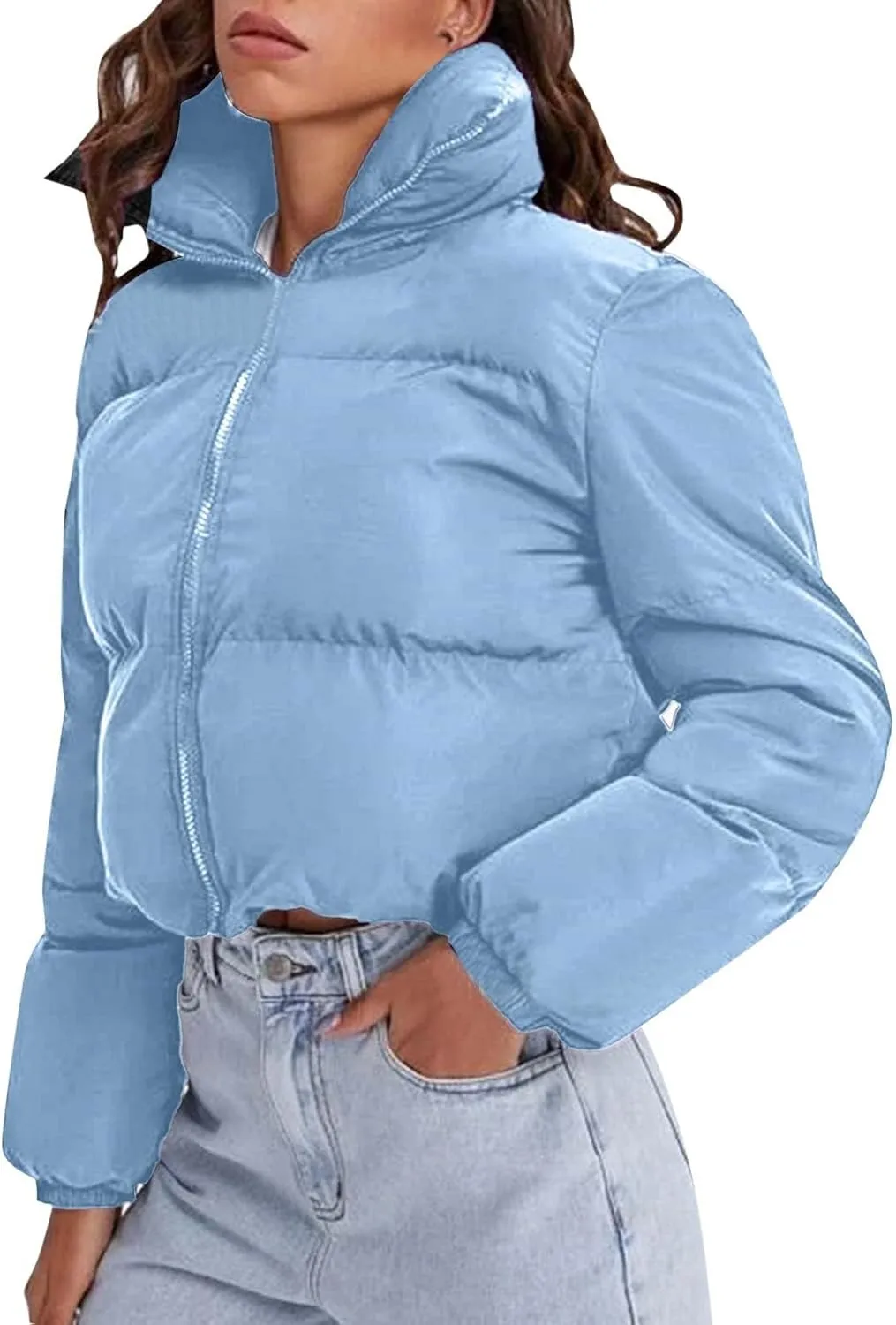 Women's 2024 Winter Long Sleeve Zip Cropped Puffer Jacket Parkas Pockets Baggy Short Down Coats Warm Quilted Jacket
