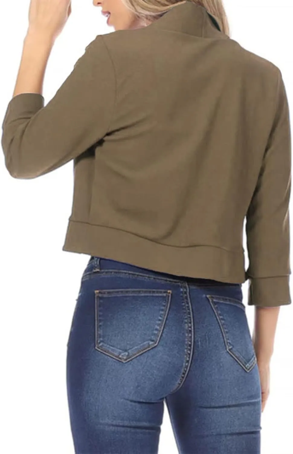 Womens 3/4 Sleeve Blazers Casual Open Front Cardigan Jackets Lightweight Collarless Cropped Work Office Blazer