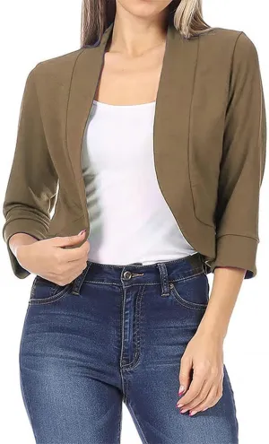 Womens 3/4 Sleeve Blazers Casual Open Front Cardigan Jackets Lightweight Collarless Cropped Work Office Blazer