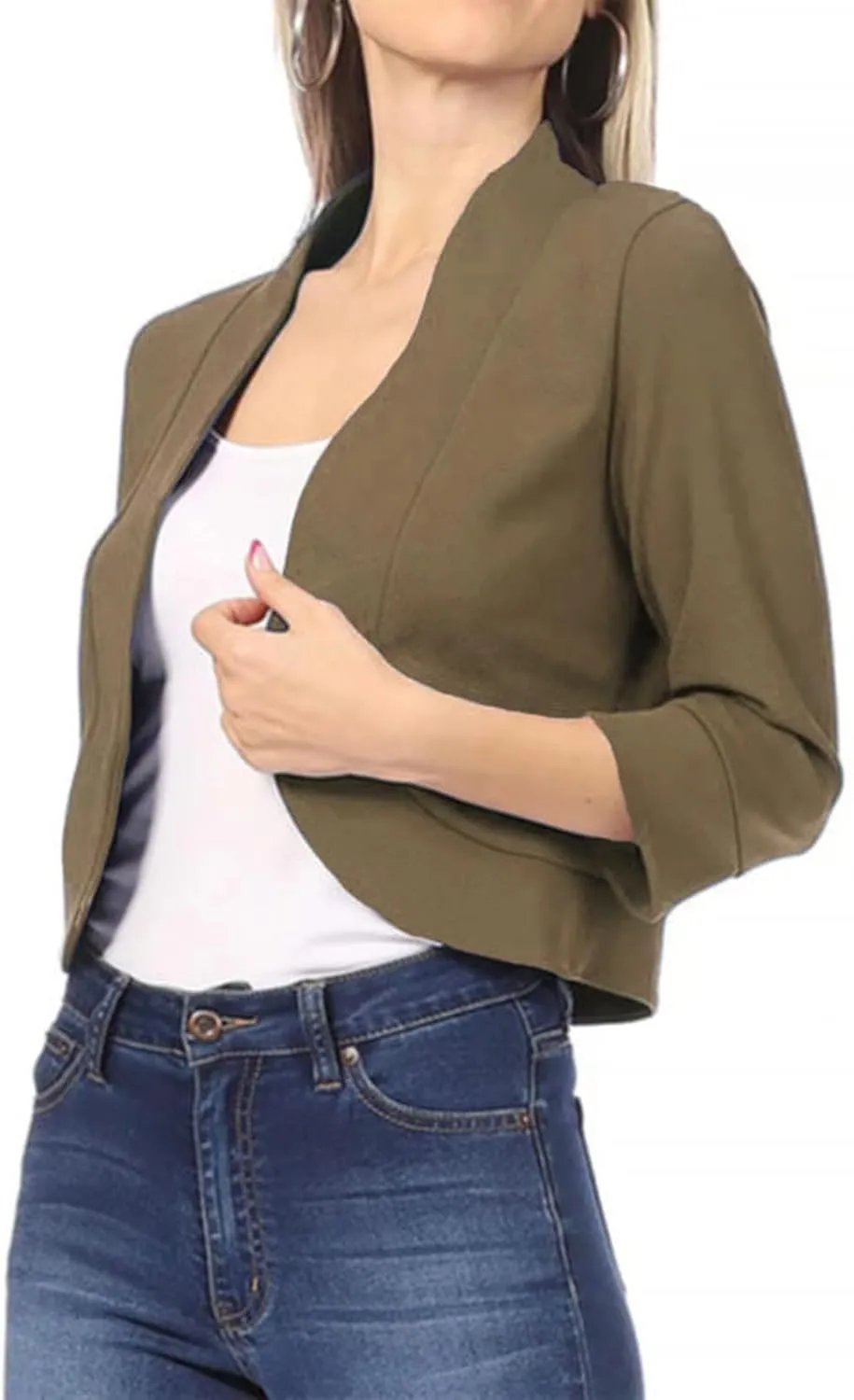 Womens 3/4 Sleeve Blazers Casual Open Front Cardigan Jackets Lightweight Collarless Cropped Work Office Blazer