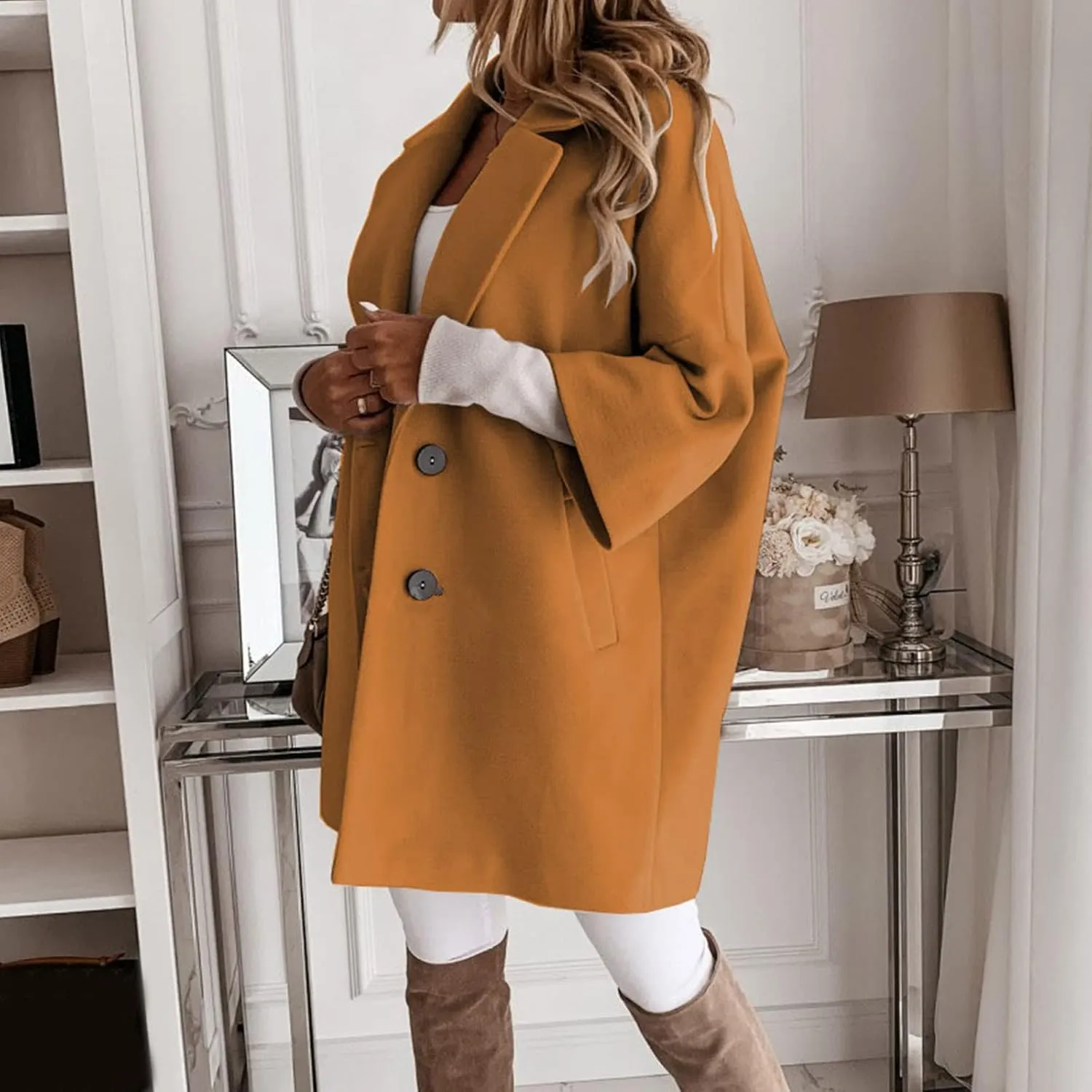 Womens 3/4 Sleeve Notched Lapel Collar Double Breasted Coat Winter Wool Blend Over Coats Long Jacket Woman