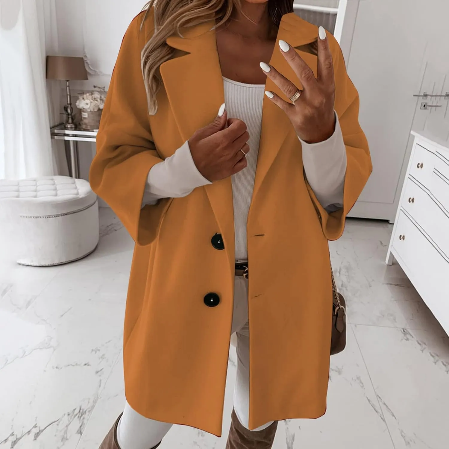 Womens 3/4 Sleeve Notched Lapel Collar Double Breasted Coat Winter Wool Blend Over Coats Long Jacket Woman
