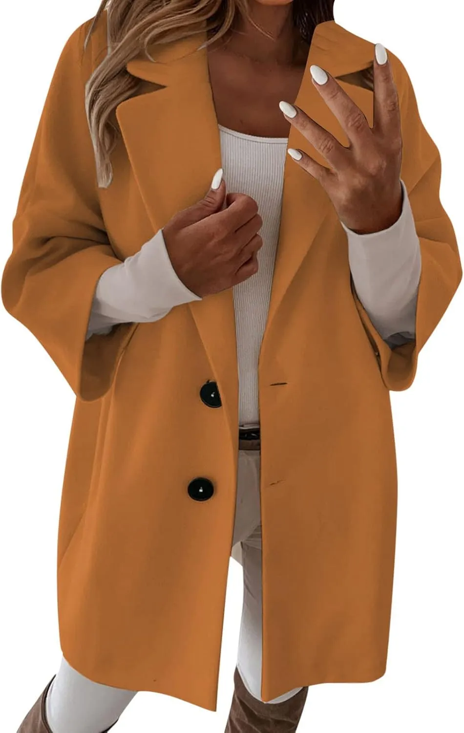 Womens 3/4 Sleeve Notched Lapel Collar Double Breasted Coat Winter Wool Blend Over Coats Long Jacket Woman