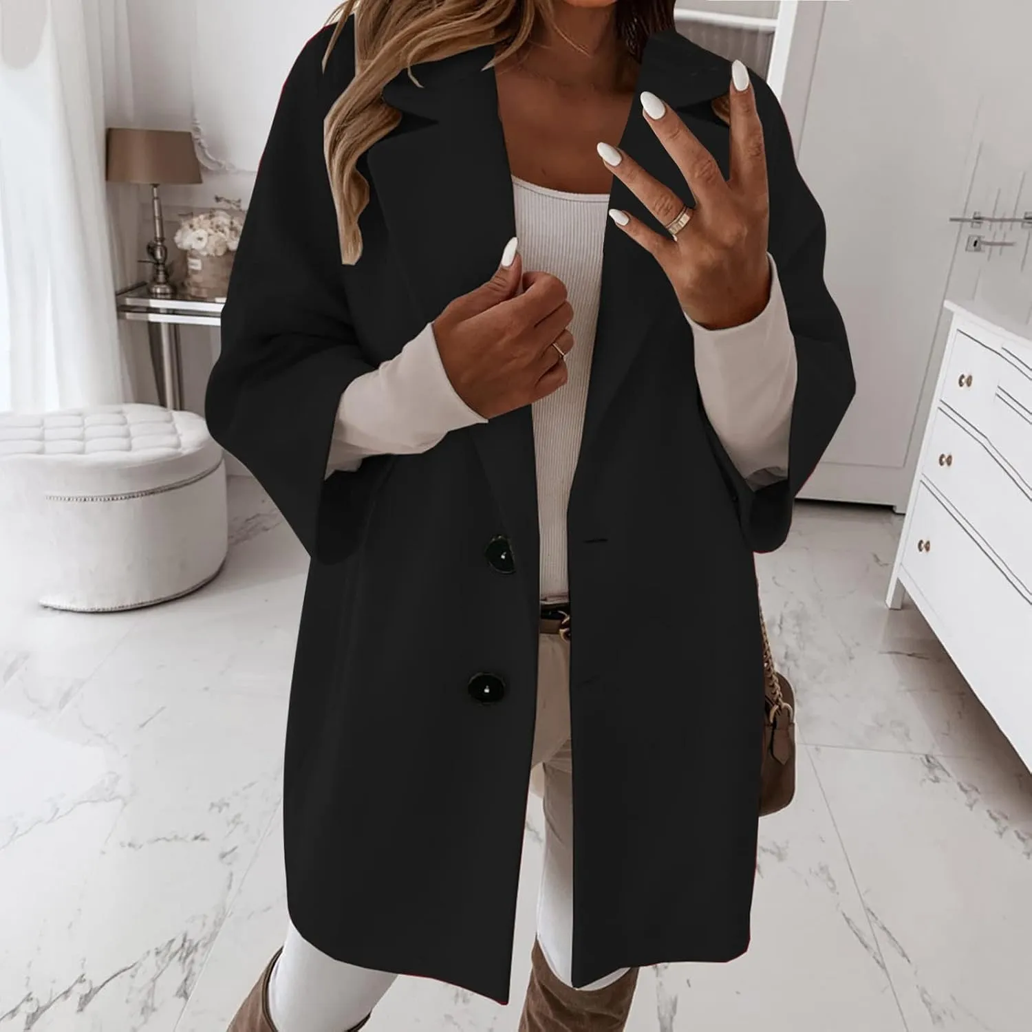 Womens 3/4 Sleeve Notched Lapel Collar Double Breasted Coat Winter Wool Blend Over Coats Long Jacket Woman