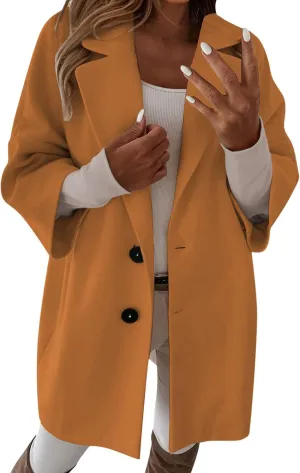 Womens 3/4 Sleeve Notched Lapel Collar Double Breasted Coat Winter Wool Blend Over Coats Long Jacket Woman