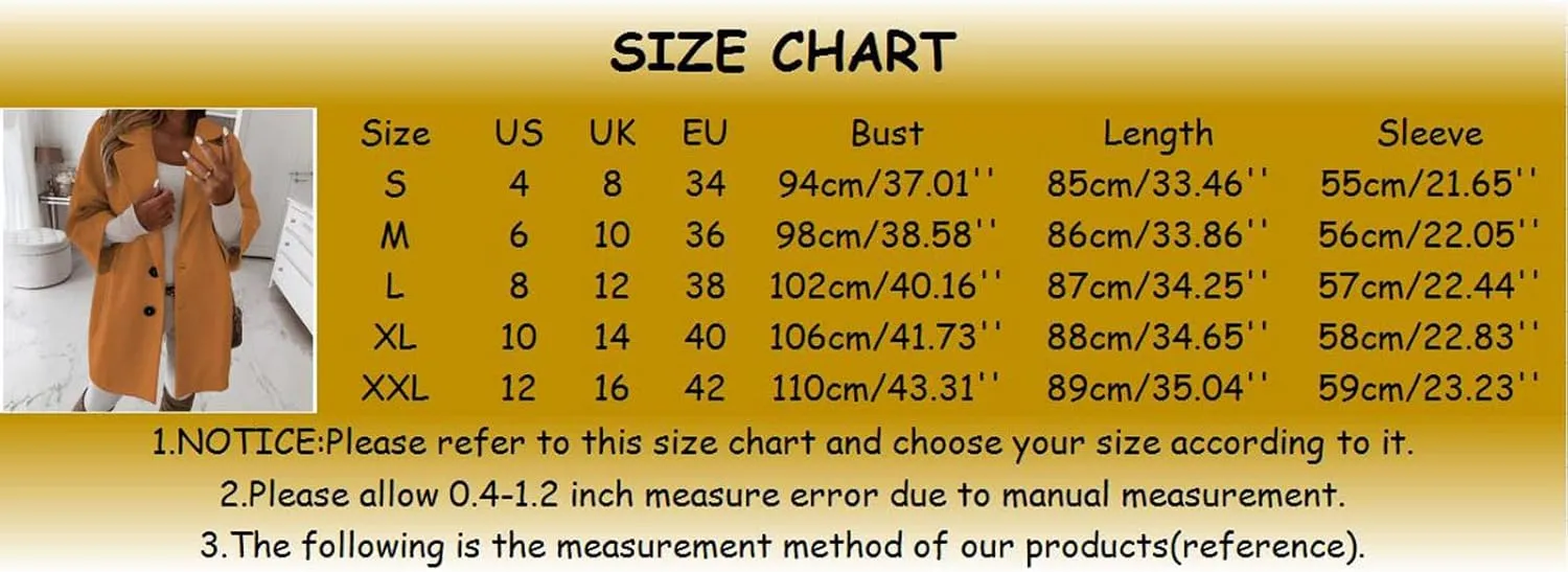 Womens 3/4 Sleeve Notched Lapel Collar Double Breasted Coat Winter Wool Blend Over Coats Long Jacket Woman