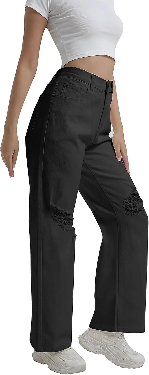 Womens Baggy Wide Leg Distressed High Waisted Boyfriend Jeans Loose Denim Pant