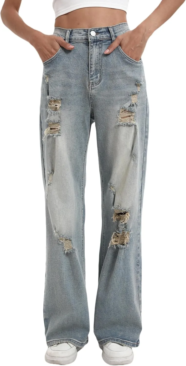 Womens Baggy Wide Leg Distressed High Waisted Boyfriend Jeans Loose Denim Pant