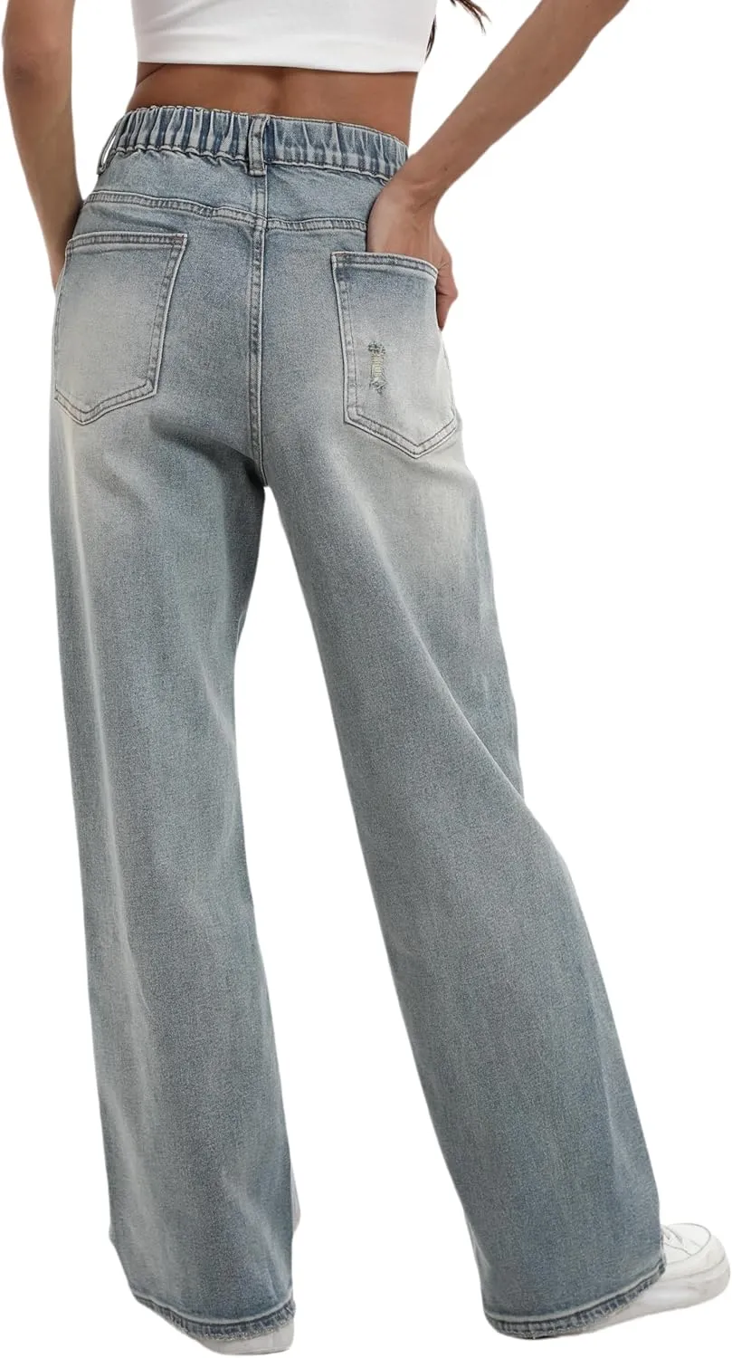 Womens Baggy Wide Leg Distressed High Waisted Boyfriend Jeans Loose Denim Pant