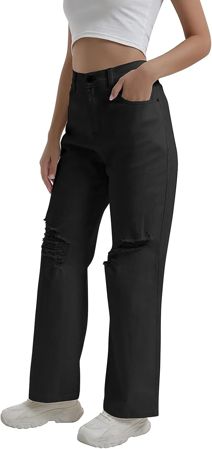 Womens Baggy Wide Leg Distressed High Waisted Boyfriend Jeans Loose Denim Pant