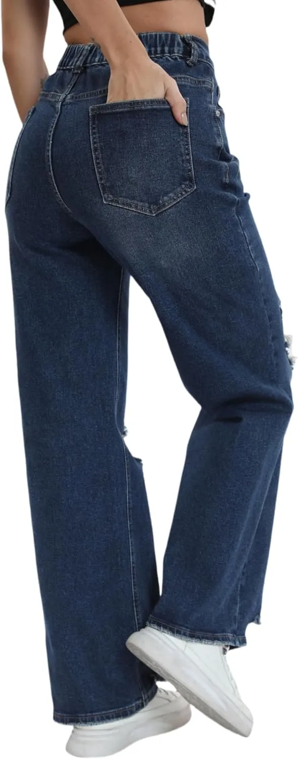 Womens Baggy Wide Leg Distressed High Waisted Boyfriend Jeans Loose Denim Pant