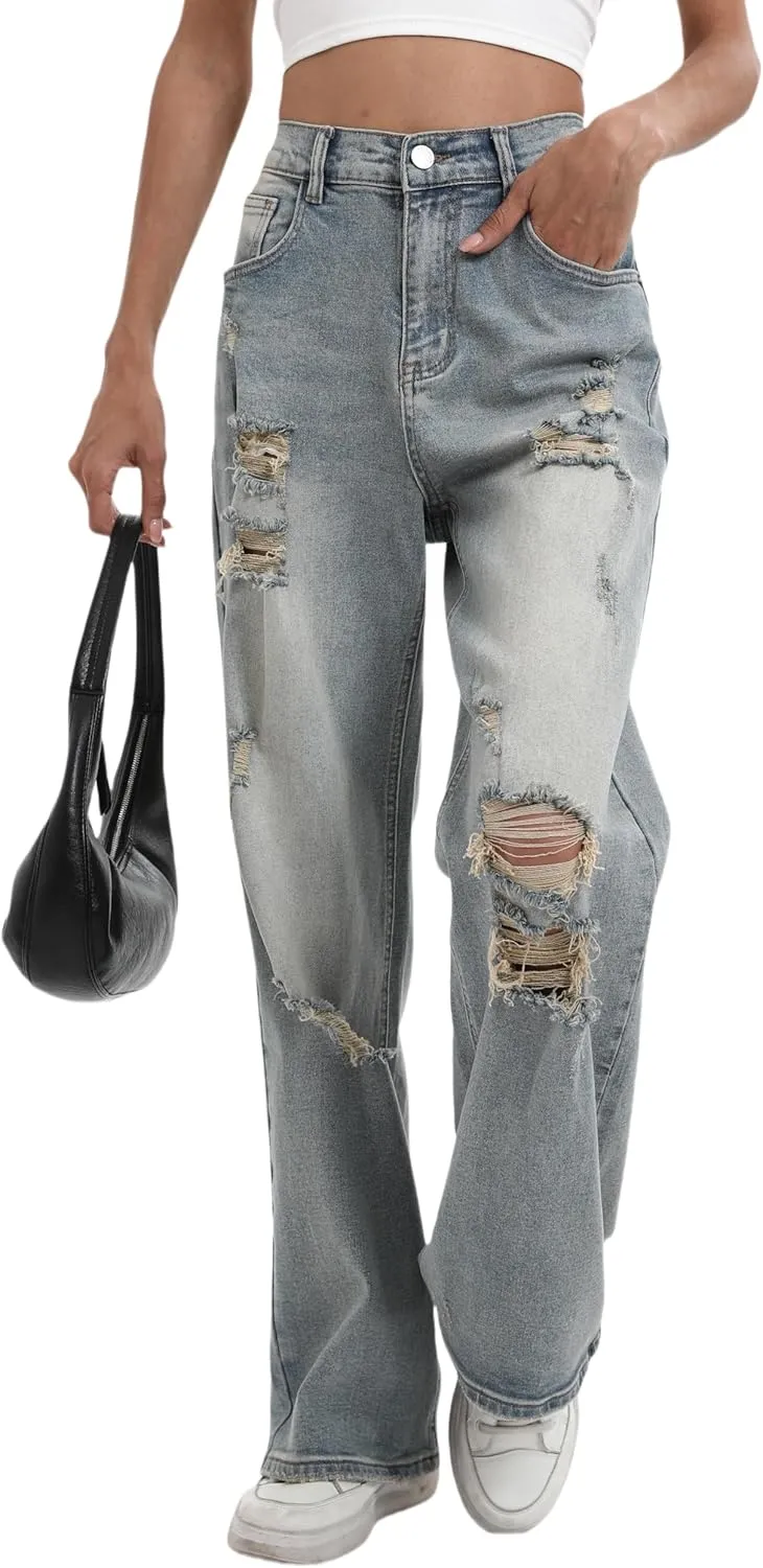 Womens Baggy Wide Leg Distressed High Waisted Boyfriend Jeans Loose Denim Pant