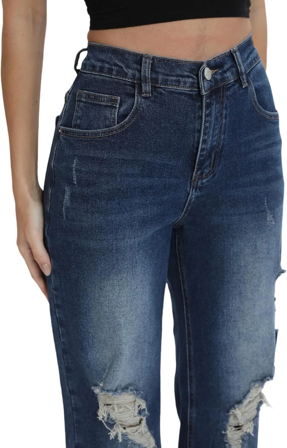 Womens Baggy Wide Leg Distressed High Waisted Boyfriend Jeans Loose Denim Pant