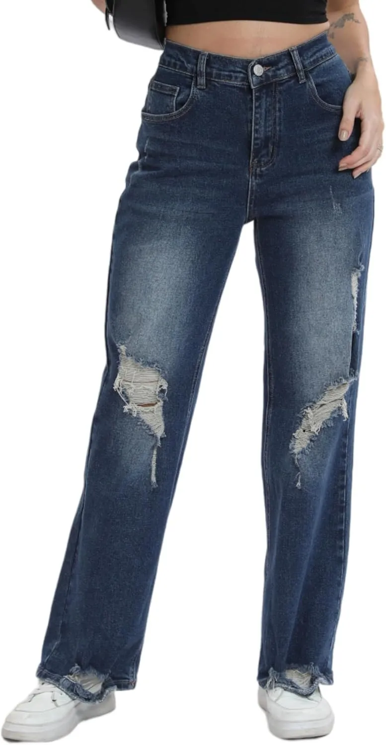 Womens Baggy Wide Leg Distressed High Waisted Boyfriend Jeans Loose Denim Pant