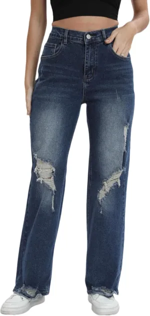 Womens Baggy Wide Leg Distressed High Waisted Boyfriend Jeans Loose Denim Pant