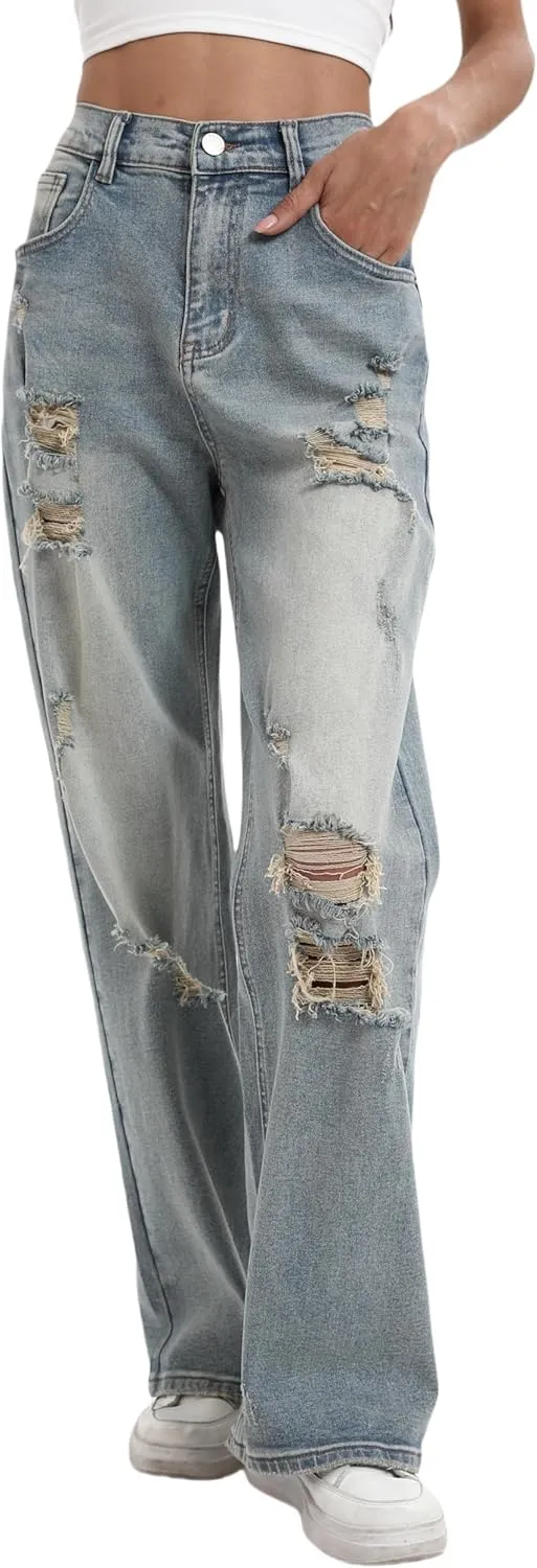 Womens Baggy Wide Leg Distressed High Waisted Boyfriend Jeans Loose Denim Pant