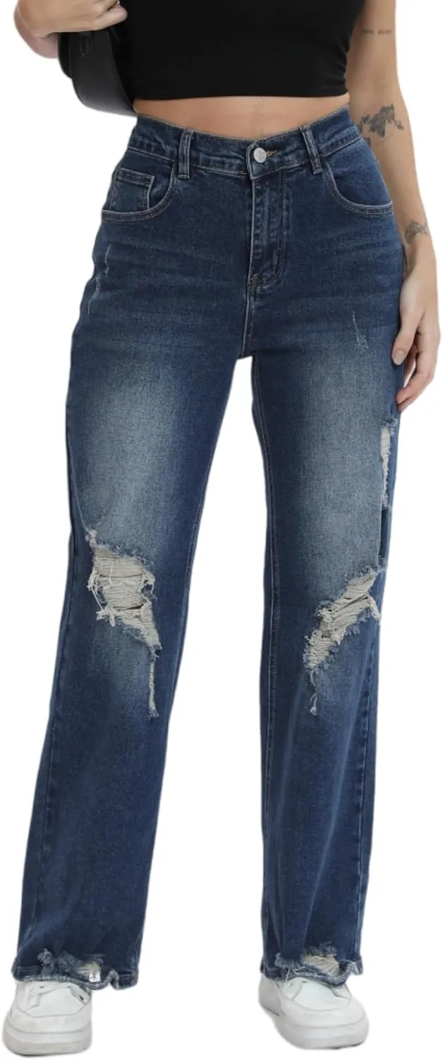 Womens Baggy Wide Leg Distressed High Waisted Boyfriend Jeans Loose Denim Pant