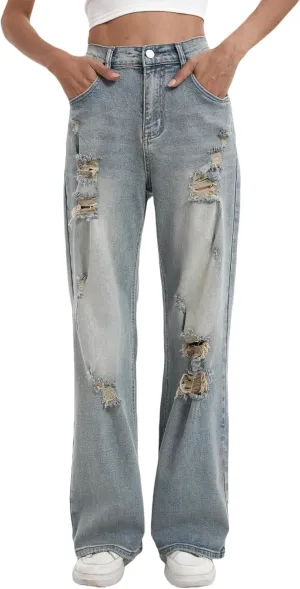 Womens Baggy Wide Leg Distressed High Waisted Boyfriend Jeans Loose Denim Pant