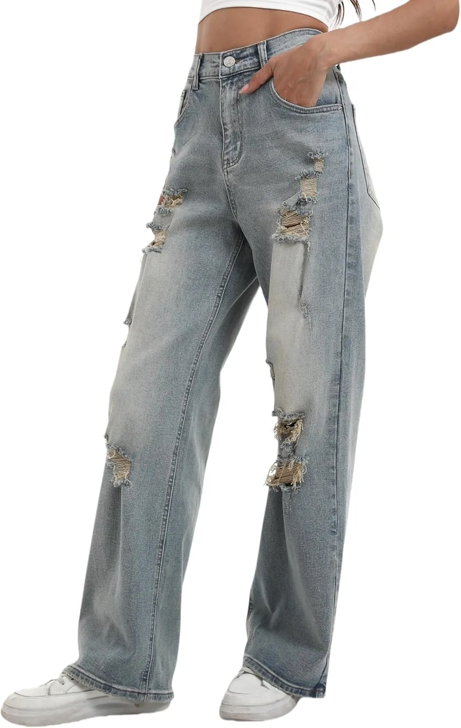 Womens Baggy Wide Leg Distressed High Waisted Boyfriend Jeans Loose Denim Pant