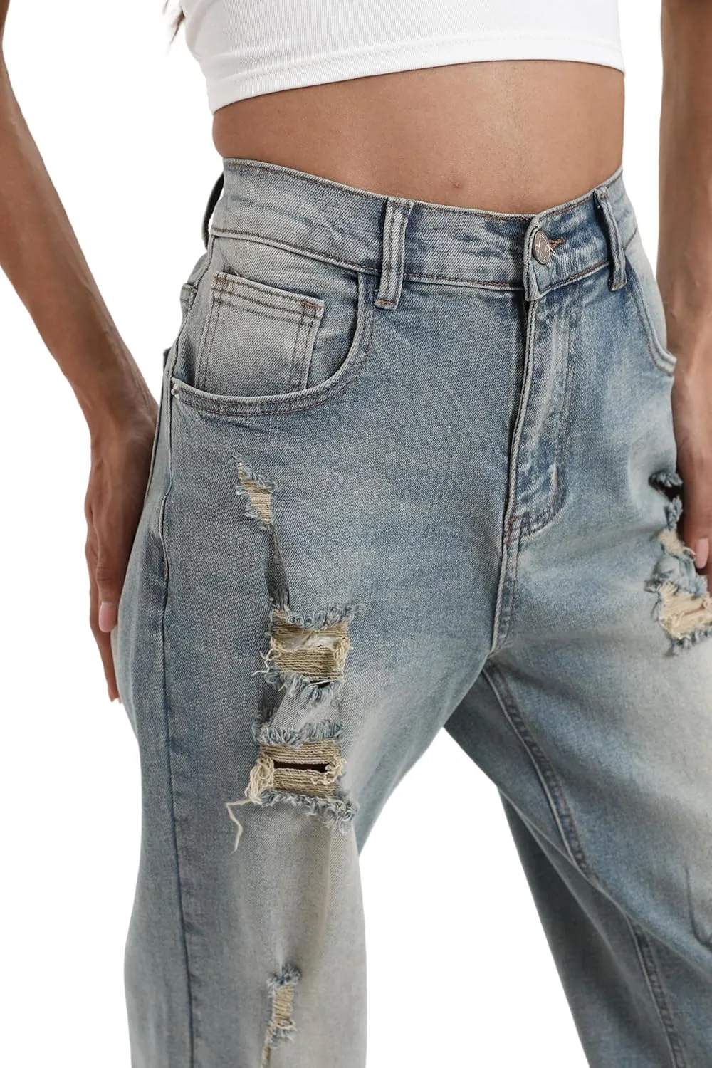 Womens Baggy Wide Leg Distressed High Waisted Boyfriend Jeans Loose Denim Pant