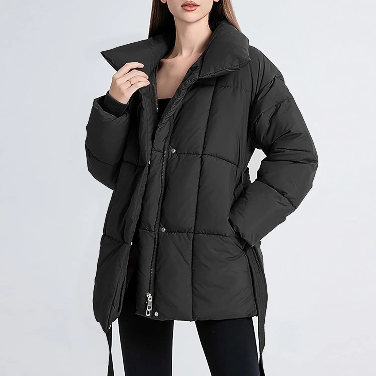 Womens Belted Puffer Jacket Shiny Down Jacket Windproof Winter Coat Quilted Insulated Jacket Padded Overcoat