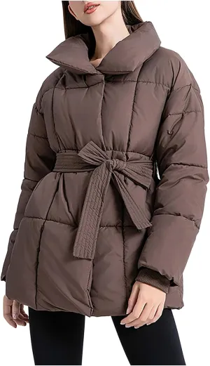Womens Belted Puffer Jacket Shiny Down Jacket Windproof Winter Coat Quilted Insulated Jacket Padded Overcoat
