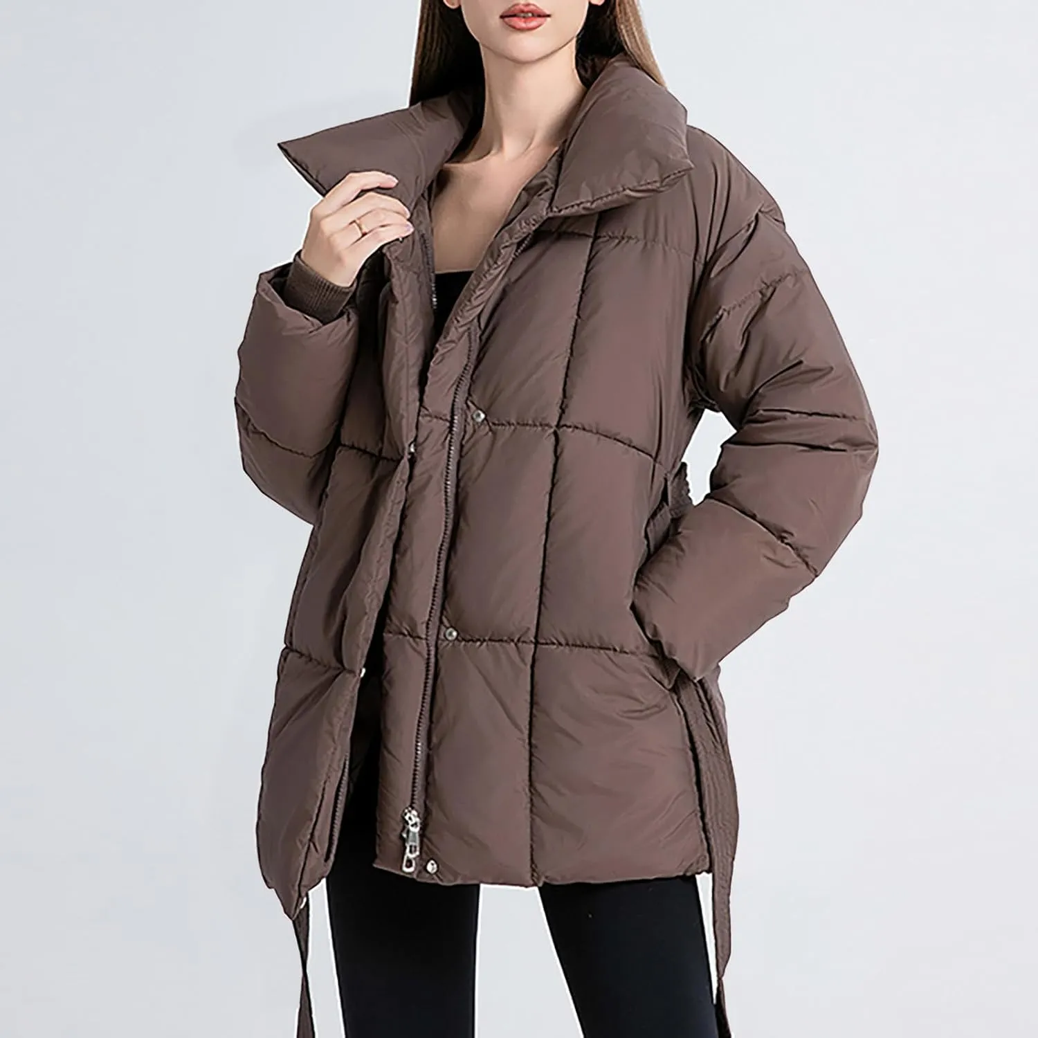 Womens Belted Puffer Jacket Shiny Down Jacket Windproof Winter Coat Quilted Insulated Jacket Padded Overcoat