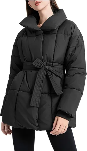 Womens Belted Puffer Jacket Shiny Down Jacket Windproof Winter Coat Quilted Insulated Jacket Padded Overcoat