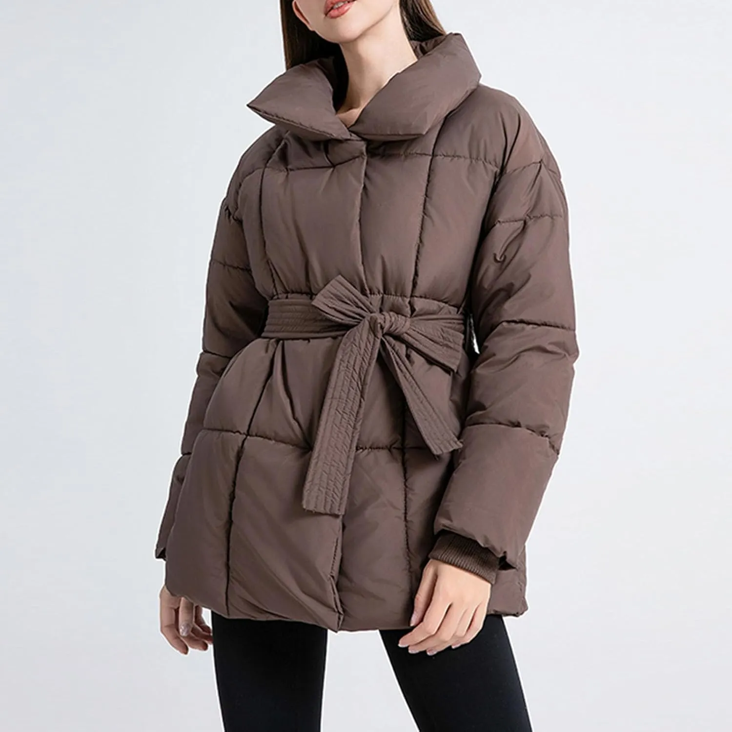 Womens Belted Puffer Jacket Shiny Down Jacket Windproof Winter Coat Quilted Insulated Jacket Padded Overcoat