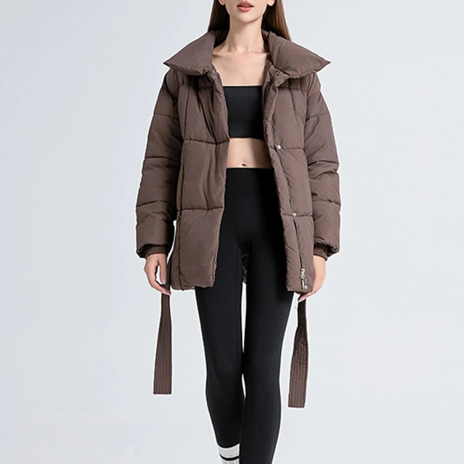 Womens Belted Puffer Jacket Shiny Down Jacket Windproof Winter Coat Quilted Insulated Jacket Padded Overcoat