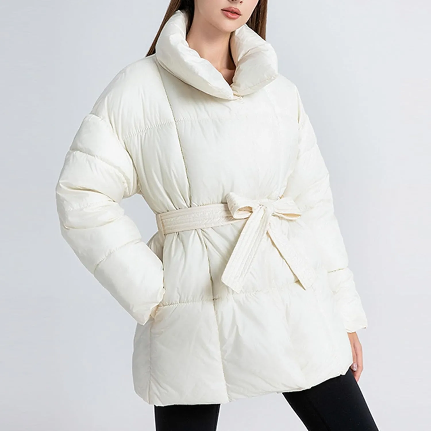Womens Belted Puffer Jacket Shiny Down Jacket Windproof Winter Coat Quilted Insulated Jacket Padded Overcoat